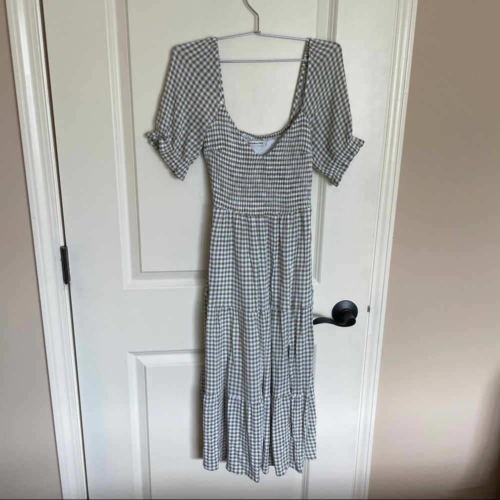 Abercrombie & Fitch Green Gingham Check Smocked Midi Dress